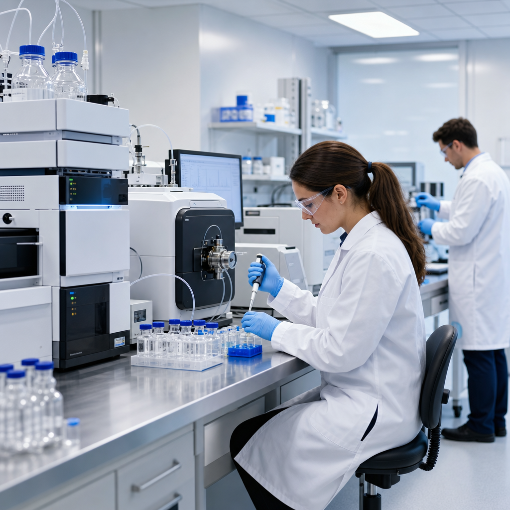Modern peptide testing laboratory with precision instruments, clean benches, and technicians in lab coats