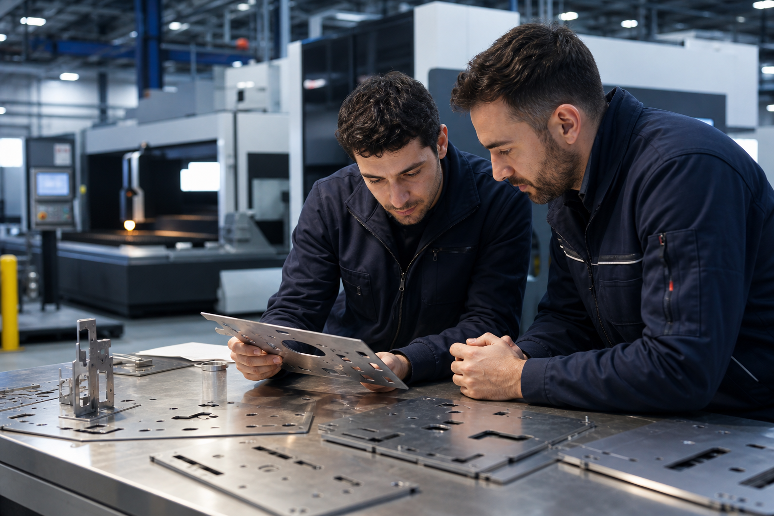 Two engineers reviewing laser-cut sheet metal components on a workbench inside a clean industrial fabrication facility, with CNC equipment softly visible in the background
