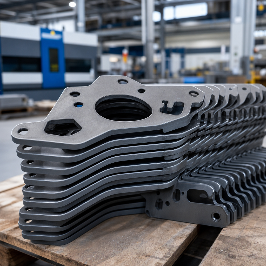 Stack of freshly laser-cut steel brackets for automotive applications with smooth edges and consistent spacing
