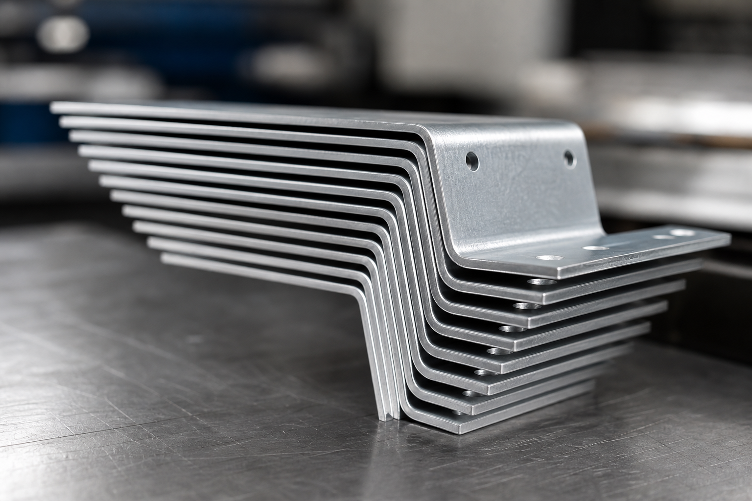 Bent aluminum brackets and flanges stacked in a neat row with soft workshop lighting