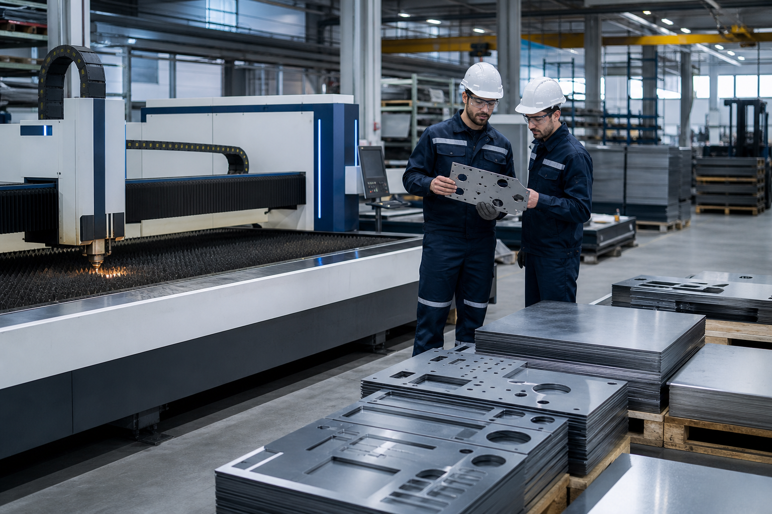 Industrial fabrication floor with CO2 laser cutting table, sheet metal stacks, and technicians inspecting precision parts