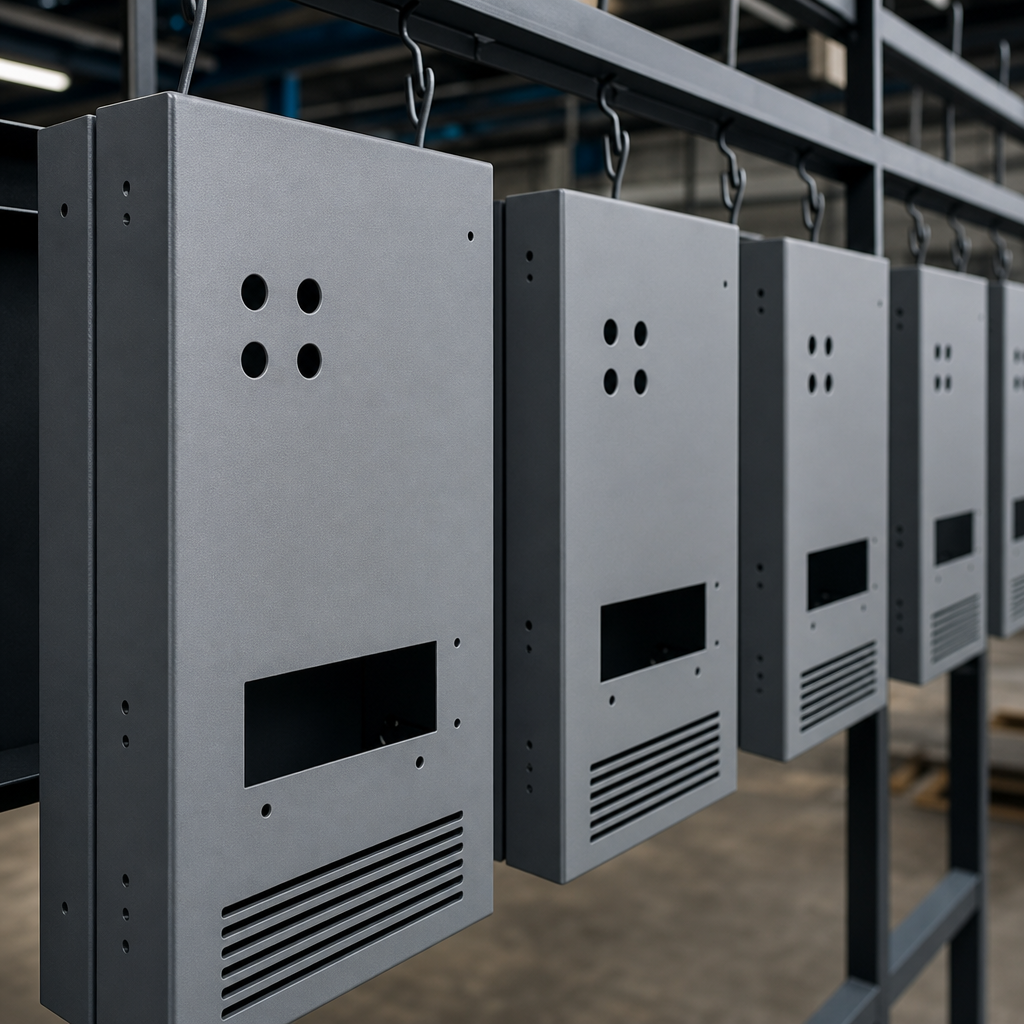 Powder-coated metal enclosures in matte gray finish aligned on a rack