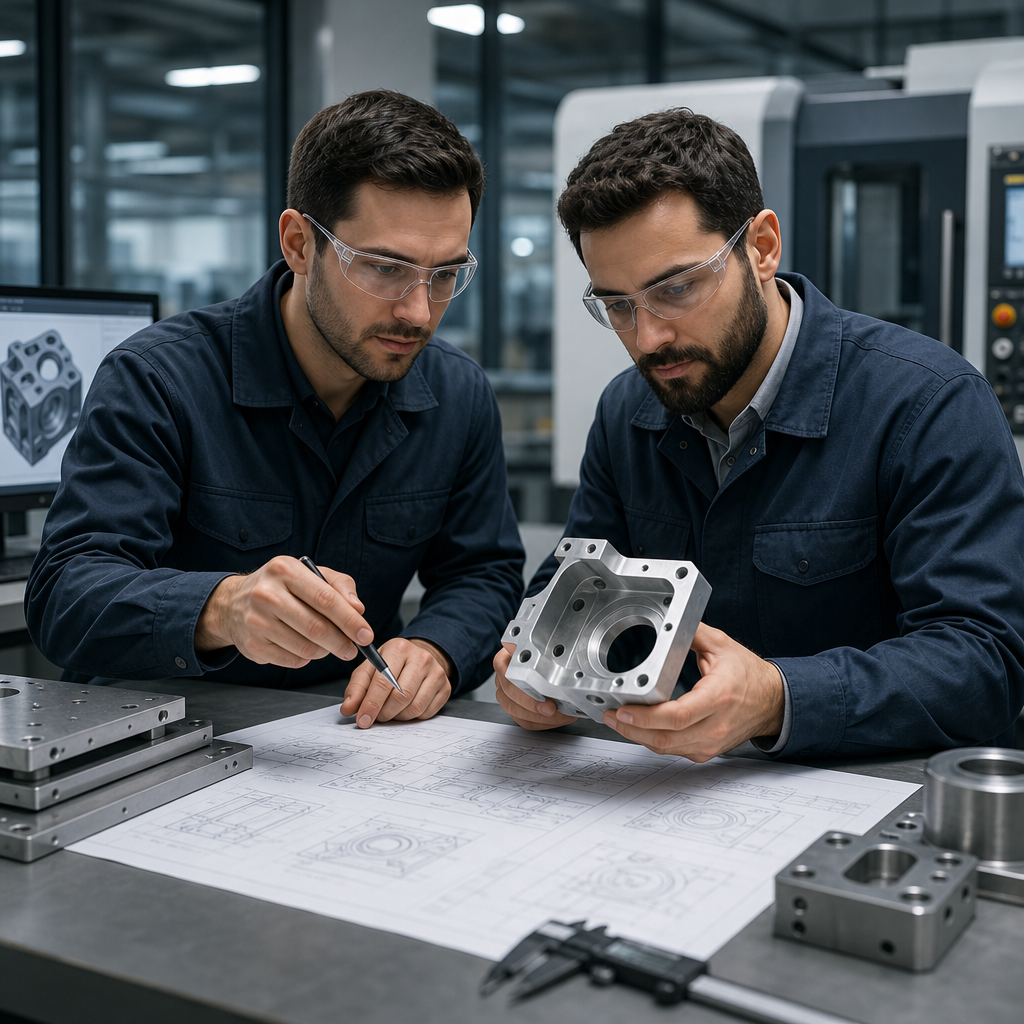 Manufacturing engineers reviewing technical drawings and a CNC part sample on a workstation