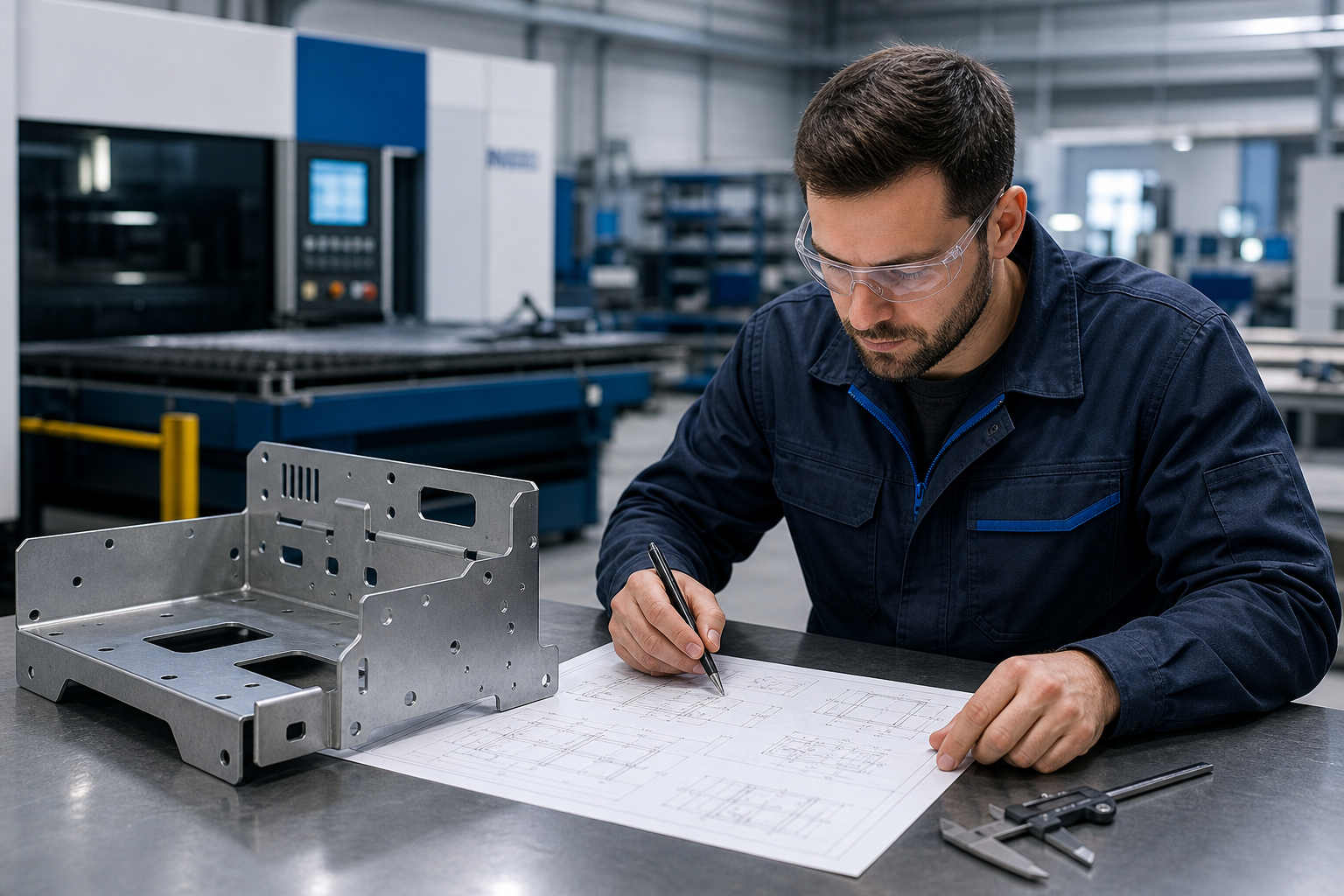 Manufacturing engineer reviewing technical drawings with a precision sheet metal part on a workbench