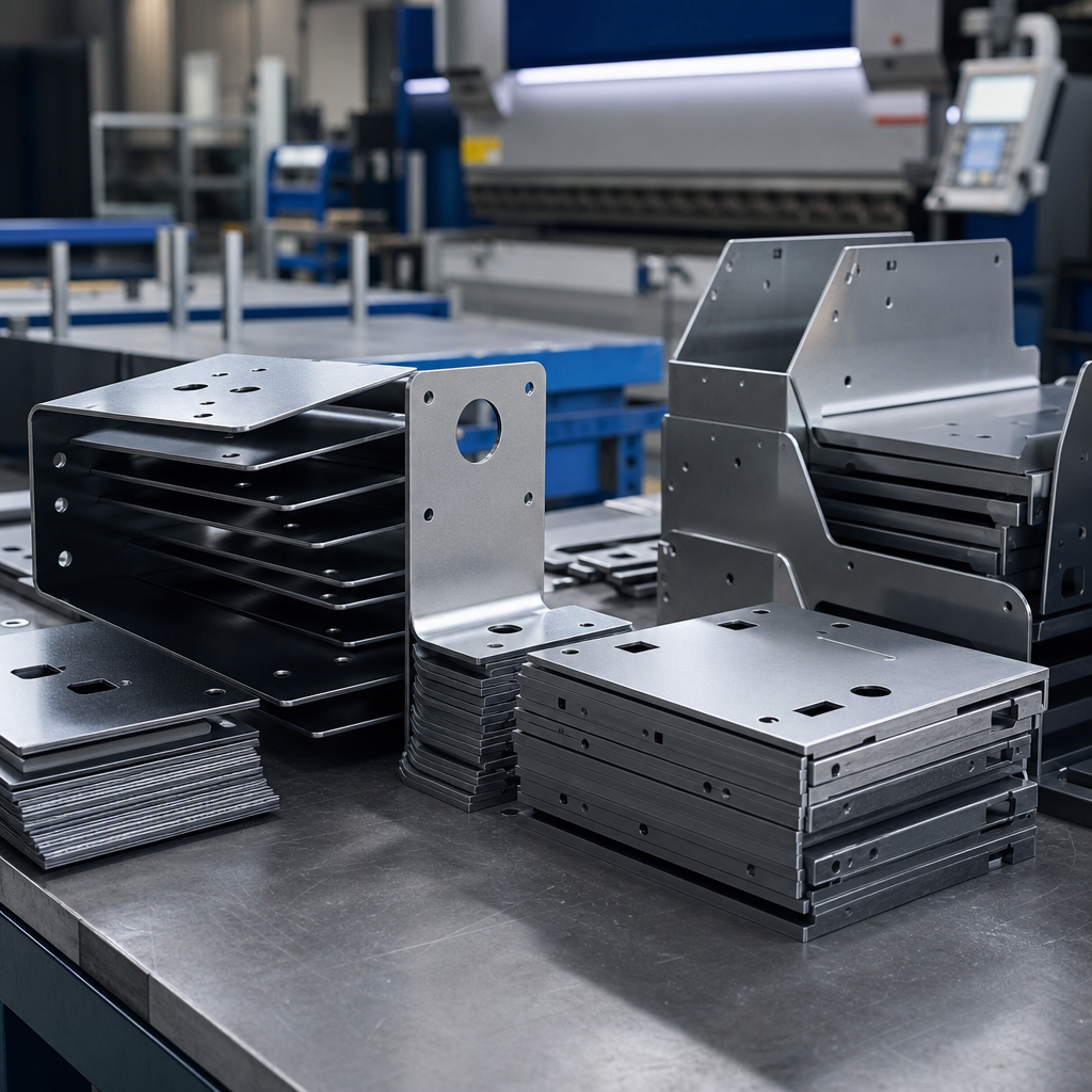 Formed sheet metal brackets and panels with clean bends stacked in a fabrication area