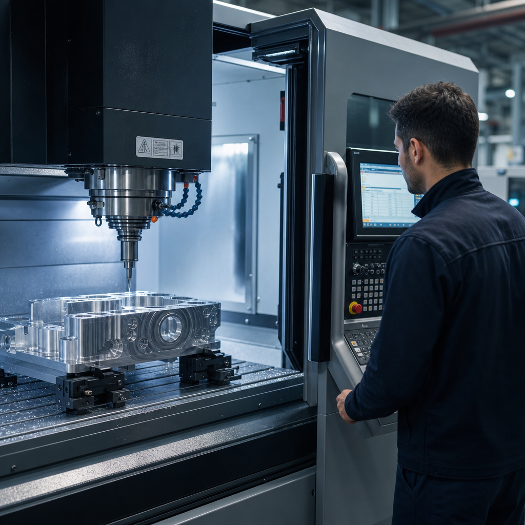 Operator monitoring a CNC machining center producing a machined aluminum part