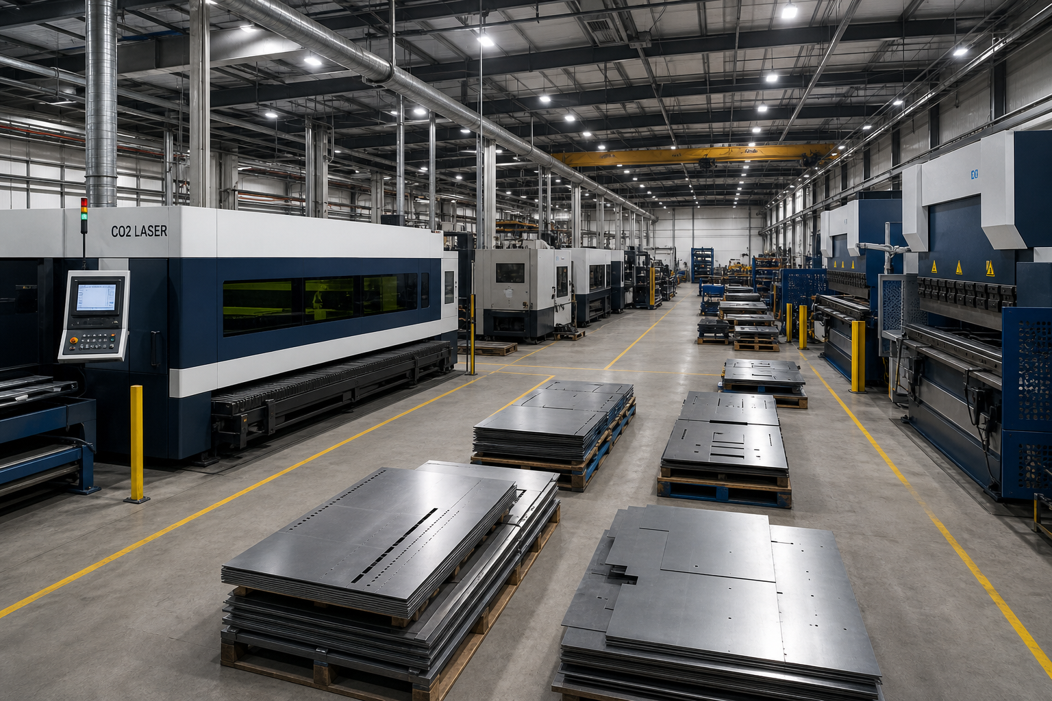 Wide view of a modern metal fabrication floor with laser cutting and bending stations