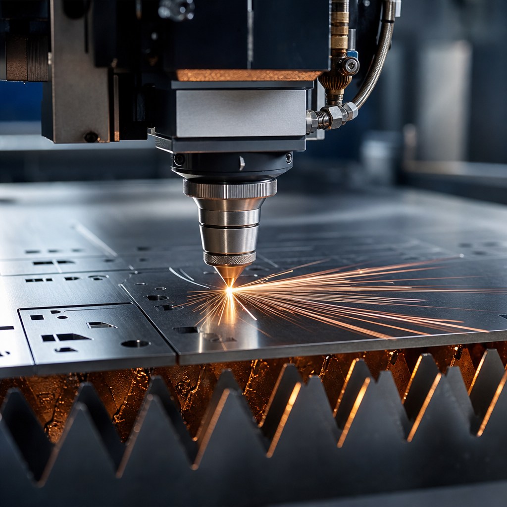 Close-up of a CO2 laser cutting a stainless steel sheet with sparks