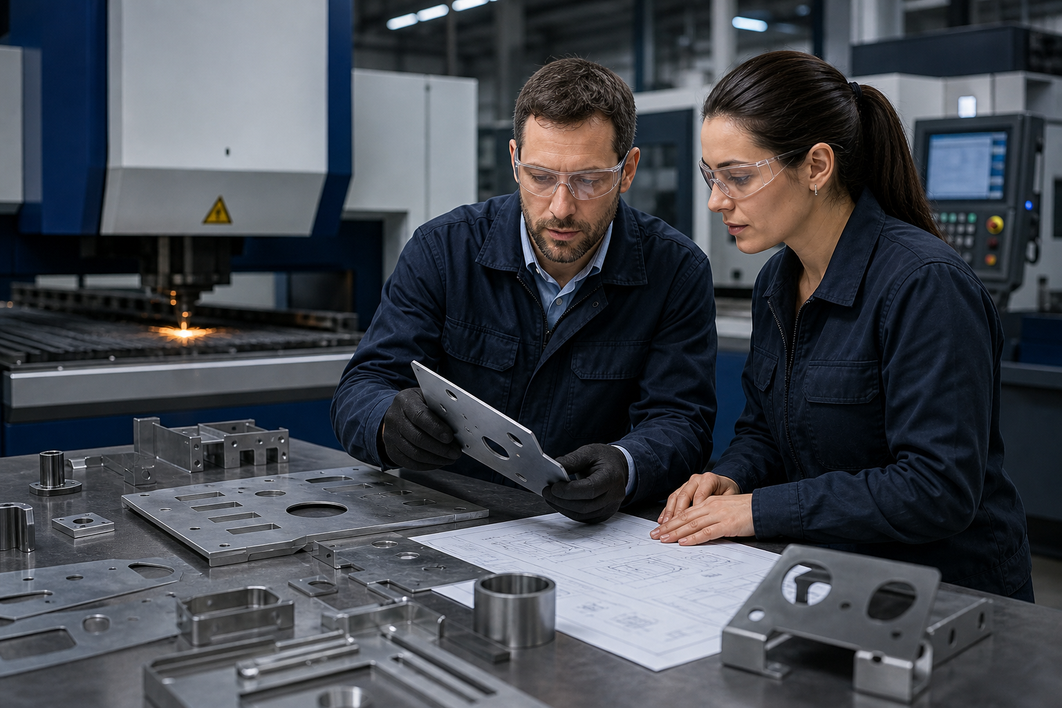 Engineers reviewing precision sheet metal parts and fabrication drawings in a modern industrial workshop with CNC and laser cutting equipment in the background