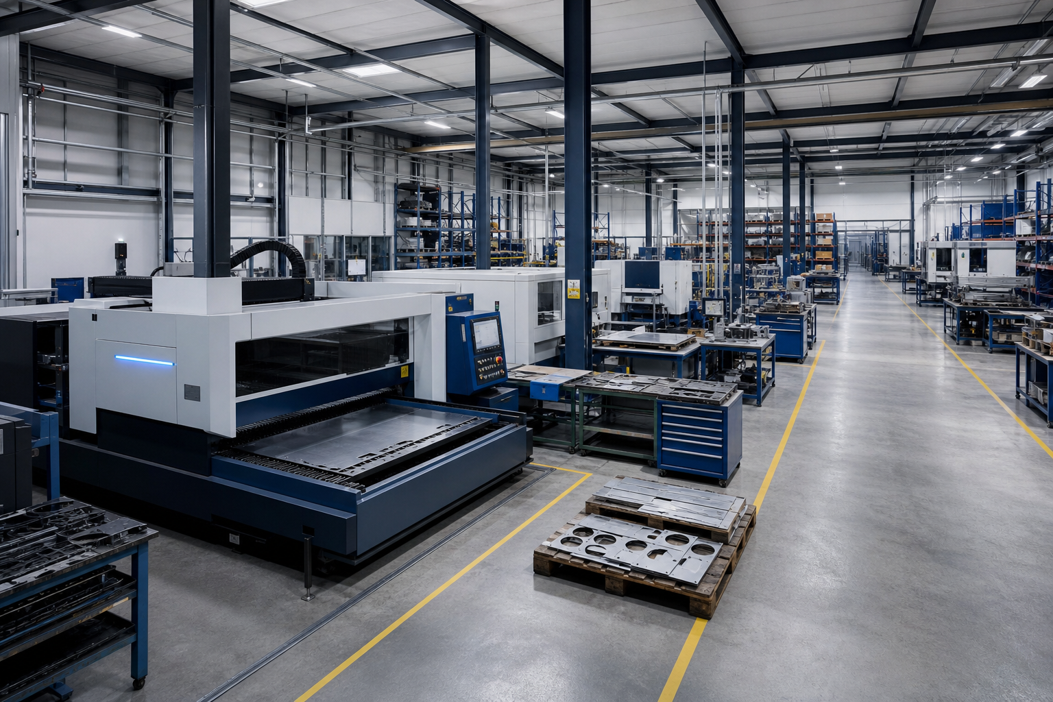 Modern industrial fabrication hall with laser cutting machines and organized workstations