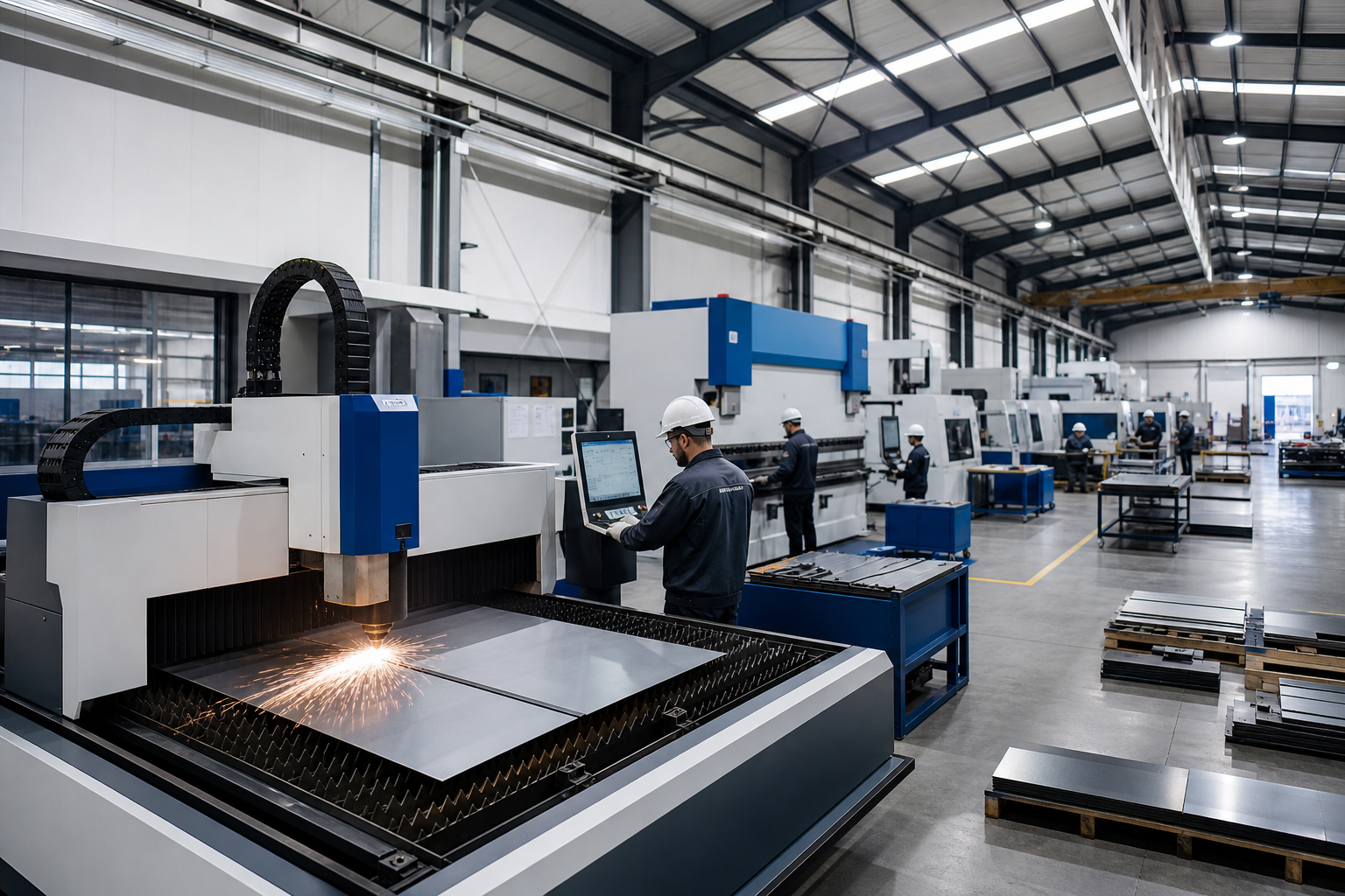 Wide view of a modern industrial fabrication floor with laser cutting equipment, organized workstations, and operators in safety gear