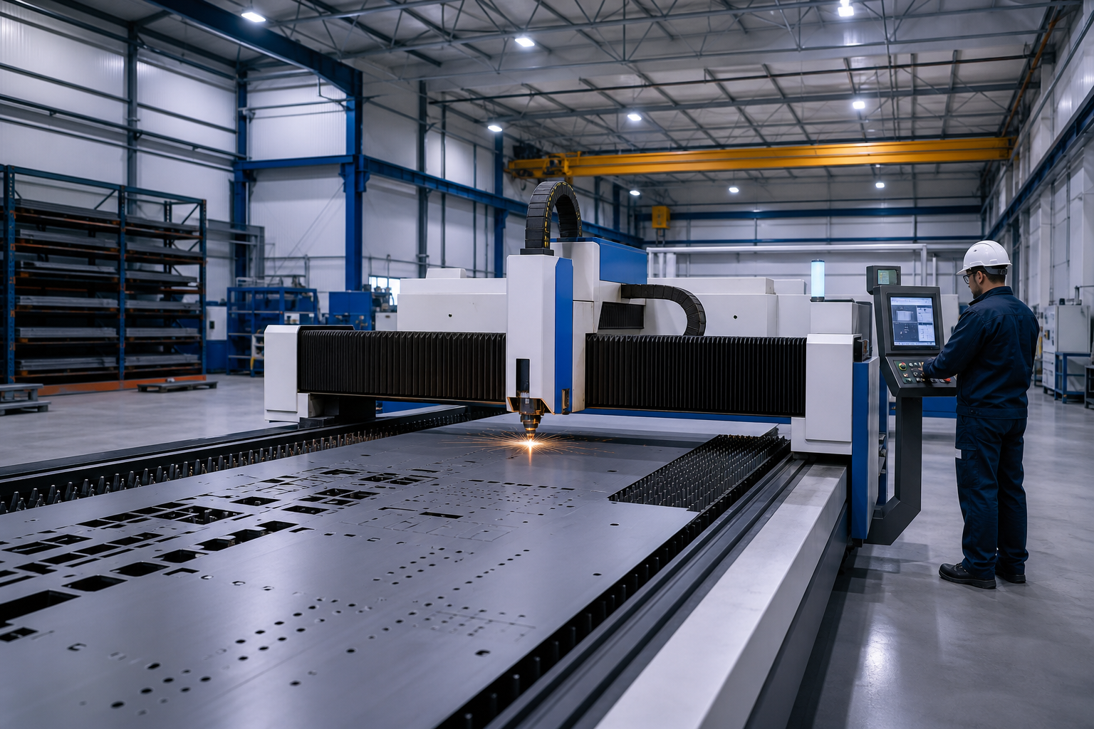 Wide angle view of a clean industrial fabrication floor with a CO2 laser cutting machine, metal sheets, and a technician in protective gear operating controls