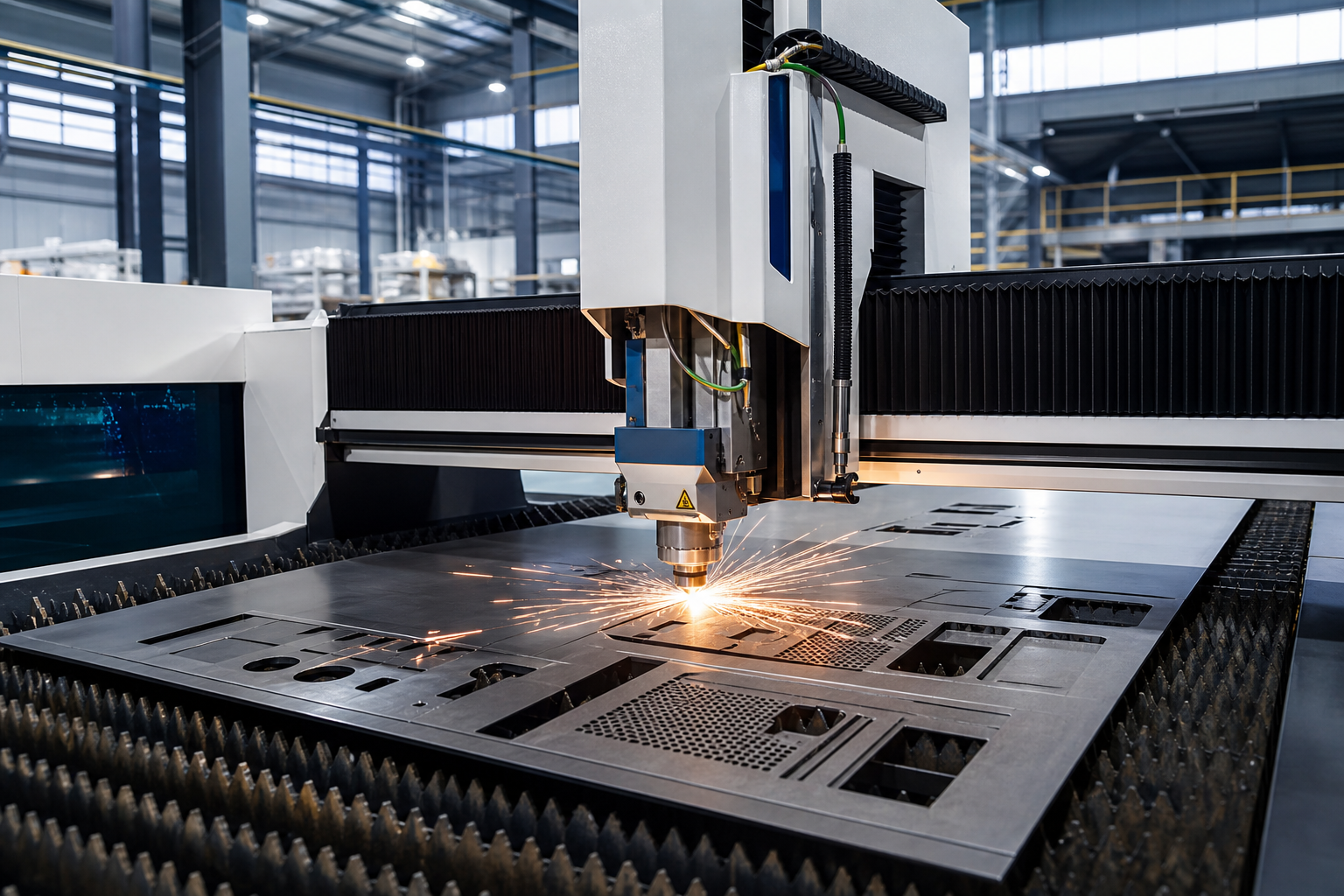 Precision CO2 laser cutting on a large steel sheet in a modern fabrication facility