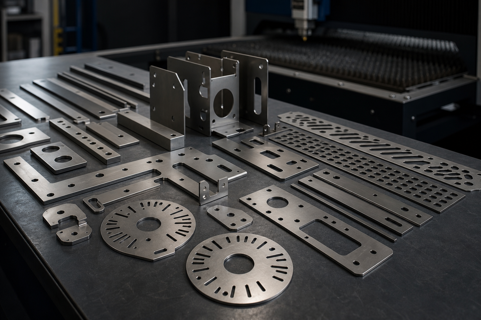 Laser-cut stainless steel parts arranged on a graphite worktable with precise clean edges