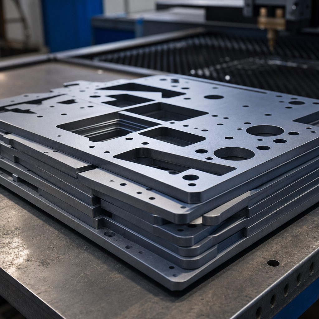 Stacked laser-cut steel plates with precise cutouts on an industrial worktable