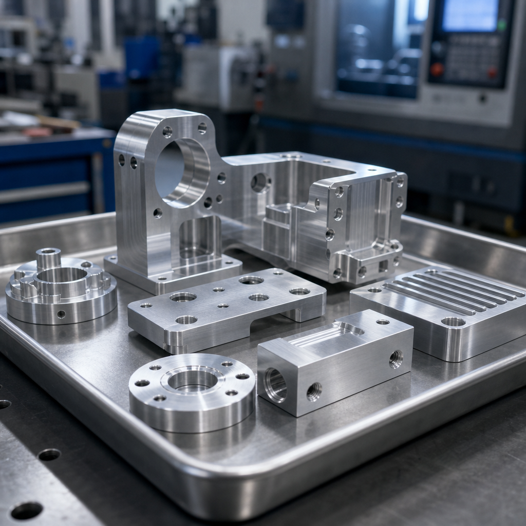 Precision CNC-machined aluminum components with smooth finishes on a tray