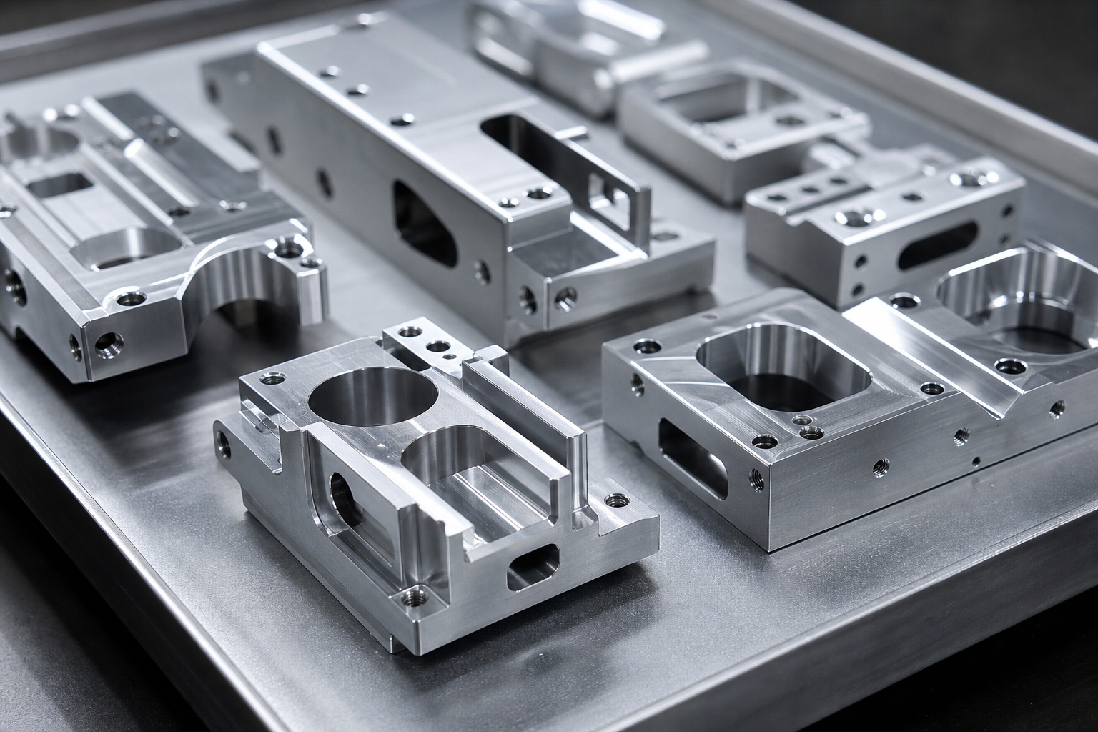 CNC machined aluminum components with milled slots and polished surfaces