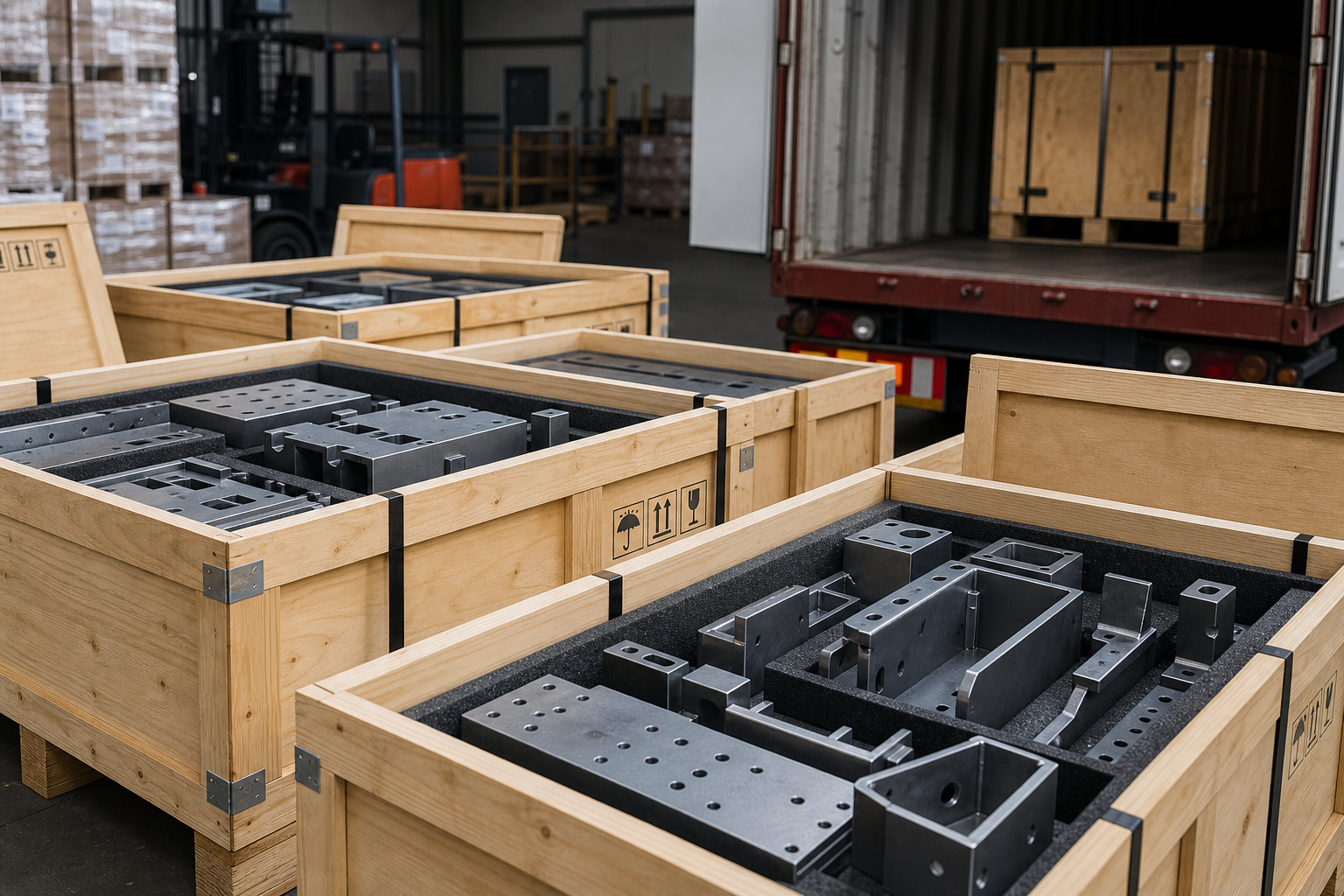 Export-ready metal parts packed in labeled wooden crates with protective foam