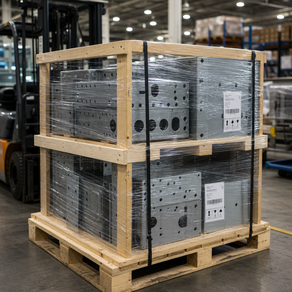 Crated metal parts with protective wrapping prepared for international shipping