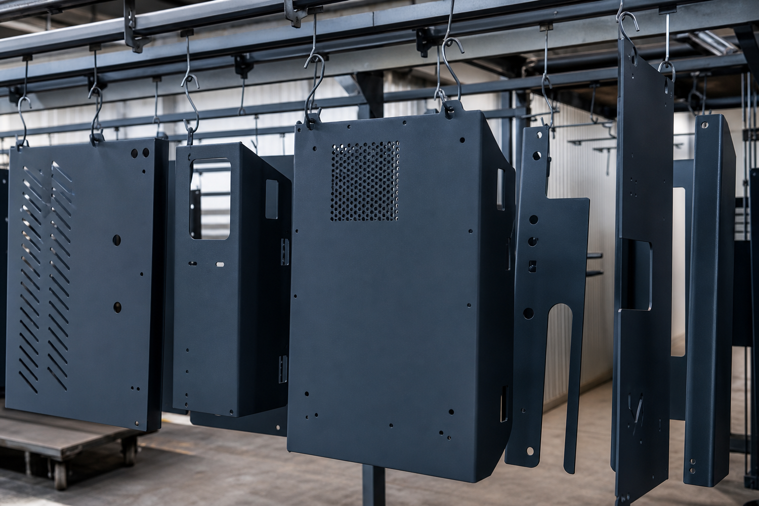 Powder-coated steel panels in matte graphite blue resting on drying racks