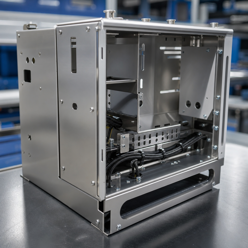 Close-up of a precision metal enclosure assembly with clean bends, fasteners, and wiring channels on a workbench
