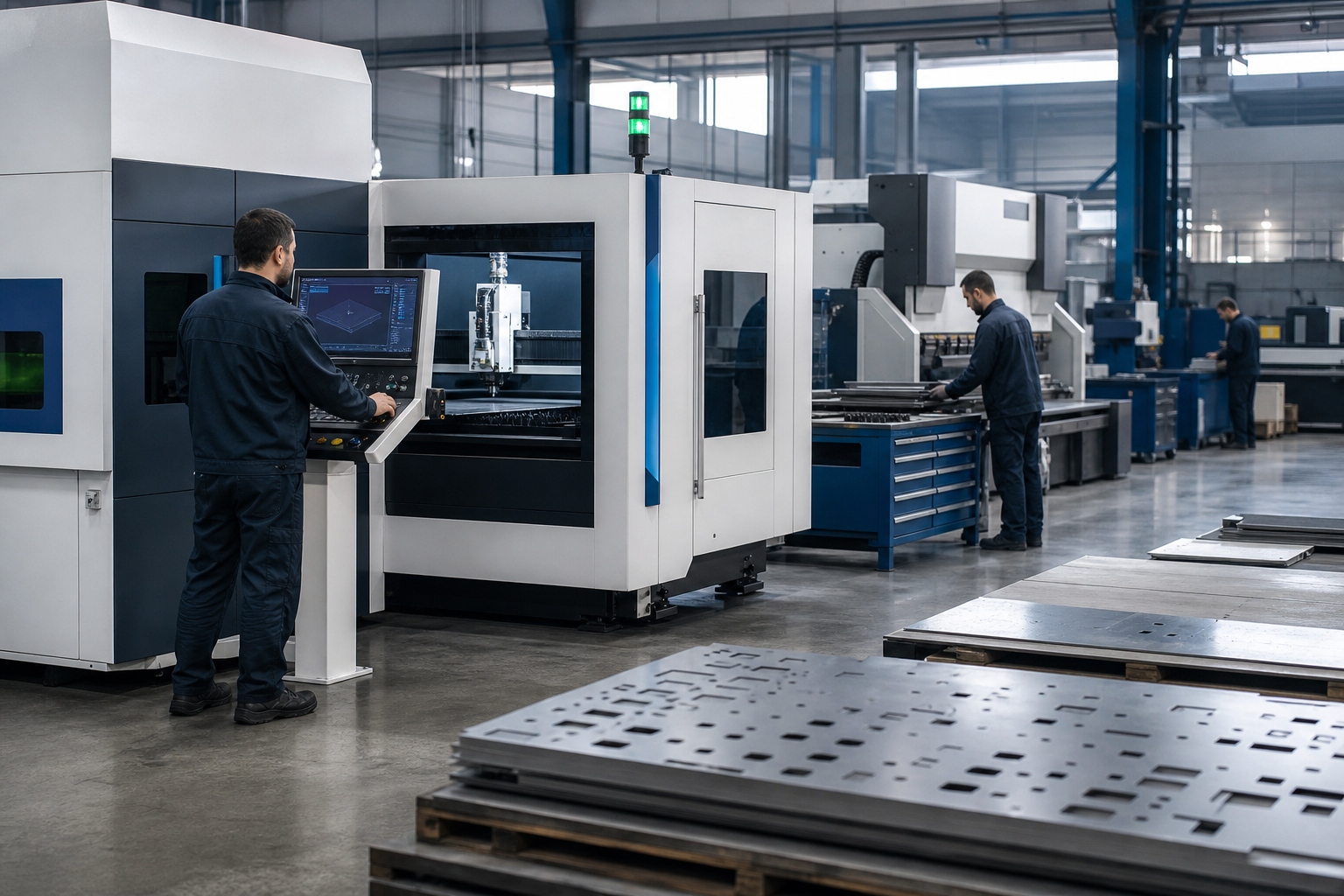 Industrial manufacturing floor with laser cutting and metal fabrication equipment, technicians monitoring production