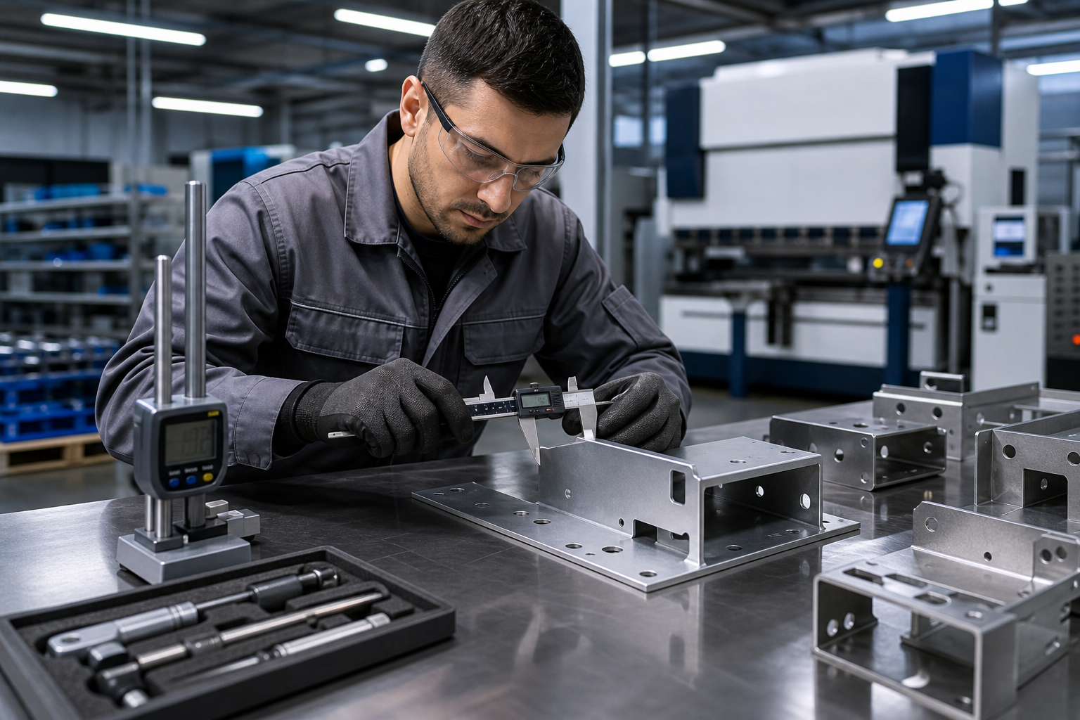 Quality inspection technician reviewing fabricated metal components on an industrial production line with measurement tools