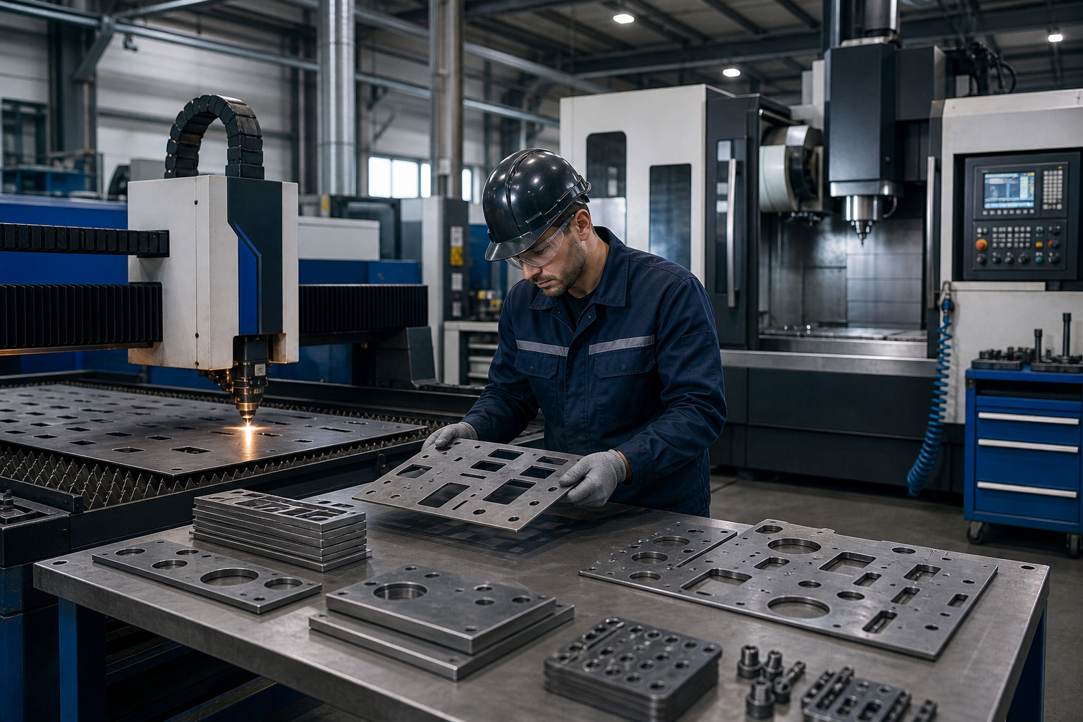 Precision metal fabrication shop floor with laser cutting and CNC machining equipment, technicians inspecting sheet metal parts