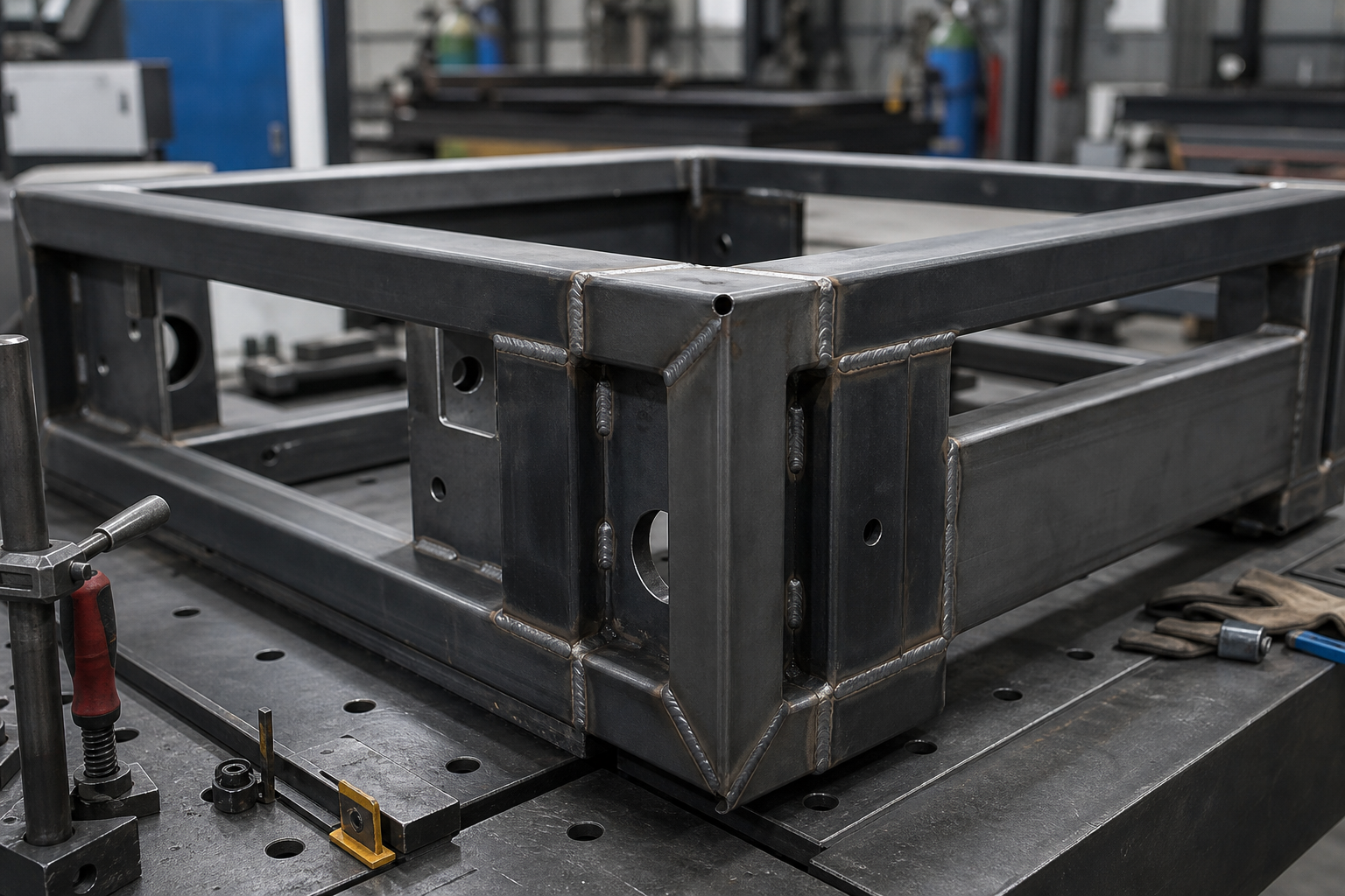 Welded steel frame assembly with visible clean beads on a fabrication table