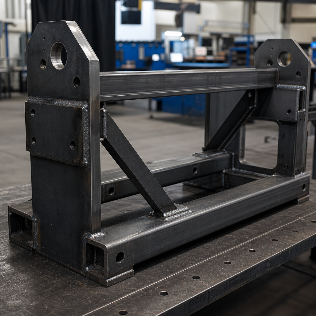 Medium-sized welded steel frame assembly on a workshop bench