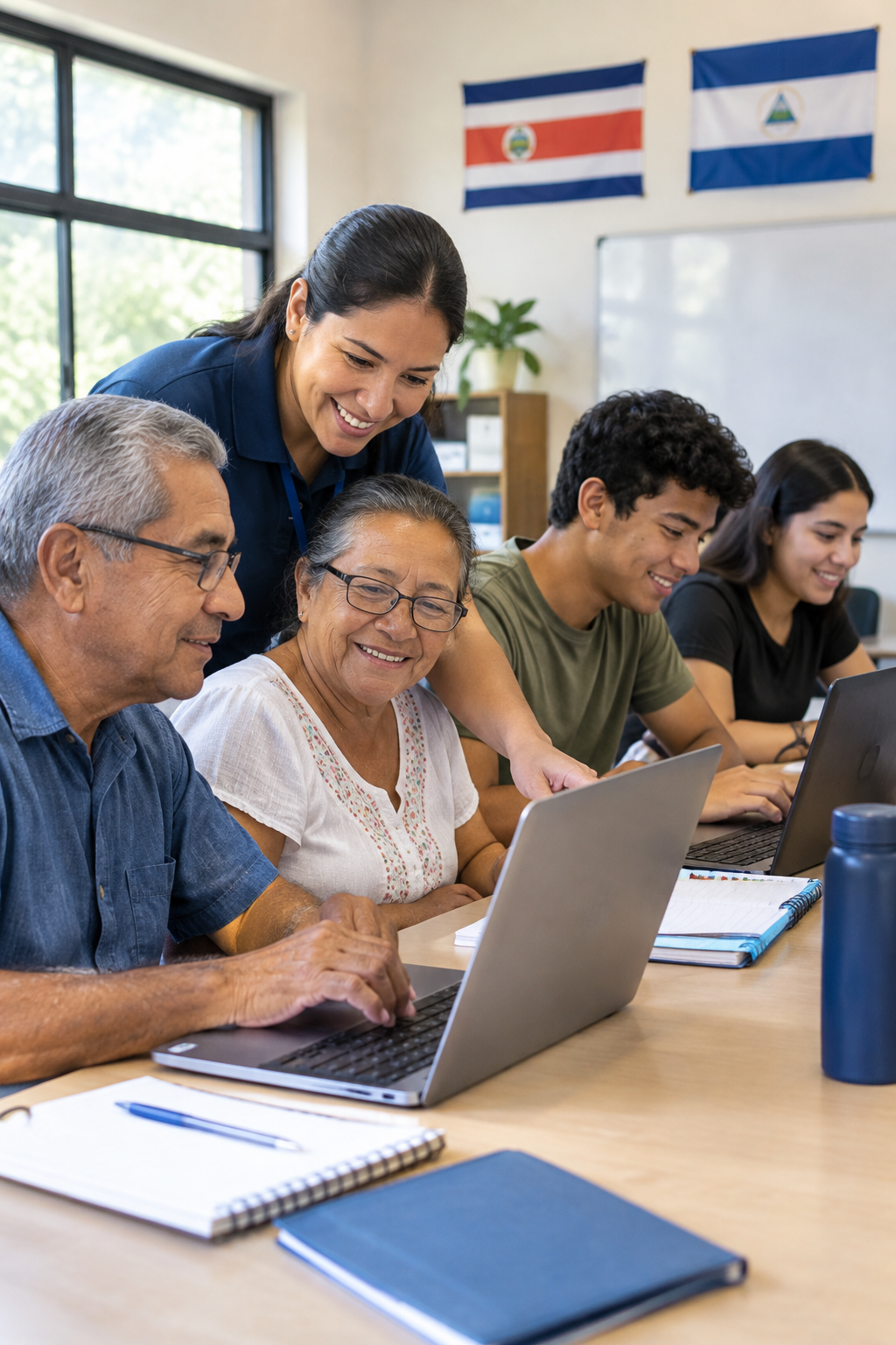 Comunidad binacional en un espacio educativo digital: una facilitadora guía a personas jóvenes y mayores de 50 años mientras aprenden juntas con computadoras y cuadernos, en un ambiente cálido y cercano
