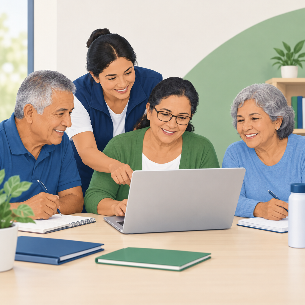 Ilustración cálida de personas adultas aprendiendo juntas en un taller comunitario con computadoras y cuadernos