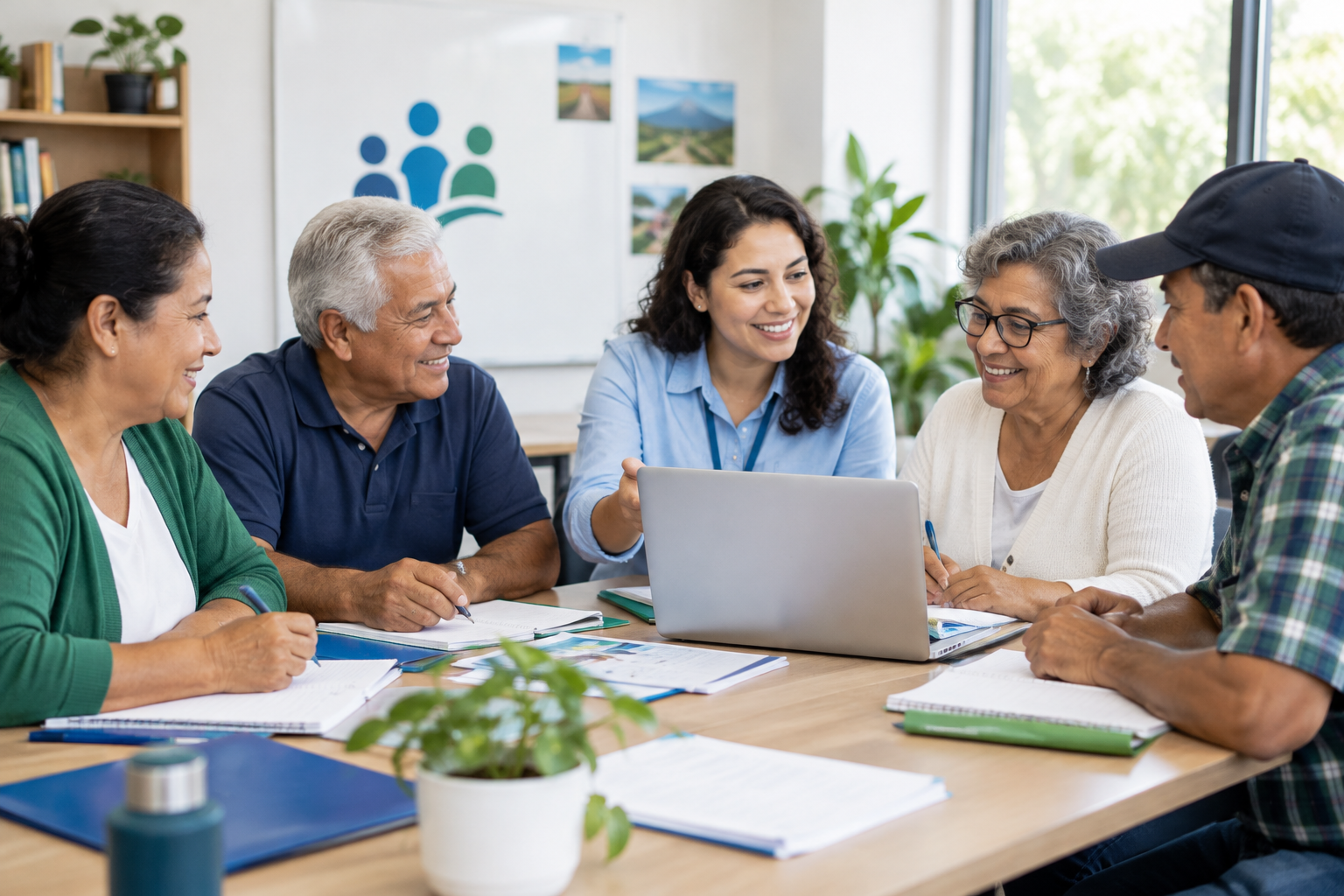 Grupo diverso de personas adultas colaborando en una mesa comunitaria con cuadernos y una computadora portátil, en un ambiente cálido de aprendizaje compartido