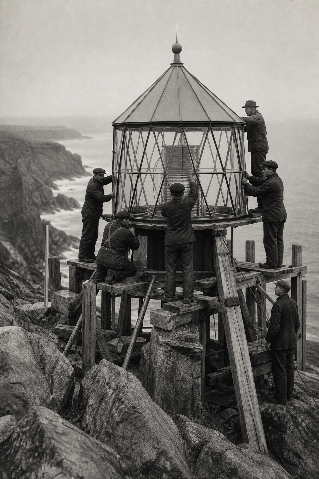 Archival black-and-white photograph of workers assembling a lighthouse lantern tower on a rocky northern cliff