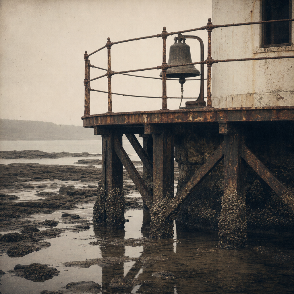 Historic photograph of a fog bell deck at low tide, showing iron railings and barnacle-worn beams over exposed stone