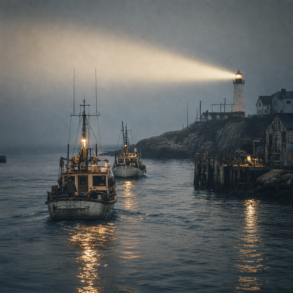 Archive coastal view at dusk showing the harbor approach with a distant lighthouse beam guiding small boats toward shore