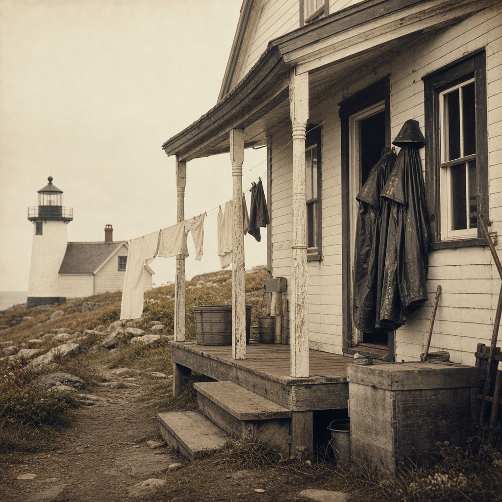 Archival image of lighthouse keepers' quarters in 1912 with weathered siding, laundry line, and storm coats hanging by the door