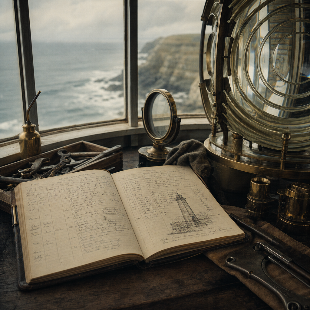 Close archival still life of a lantern room work table with an open maintenance ledger and polished brass lens components
