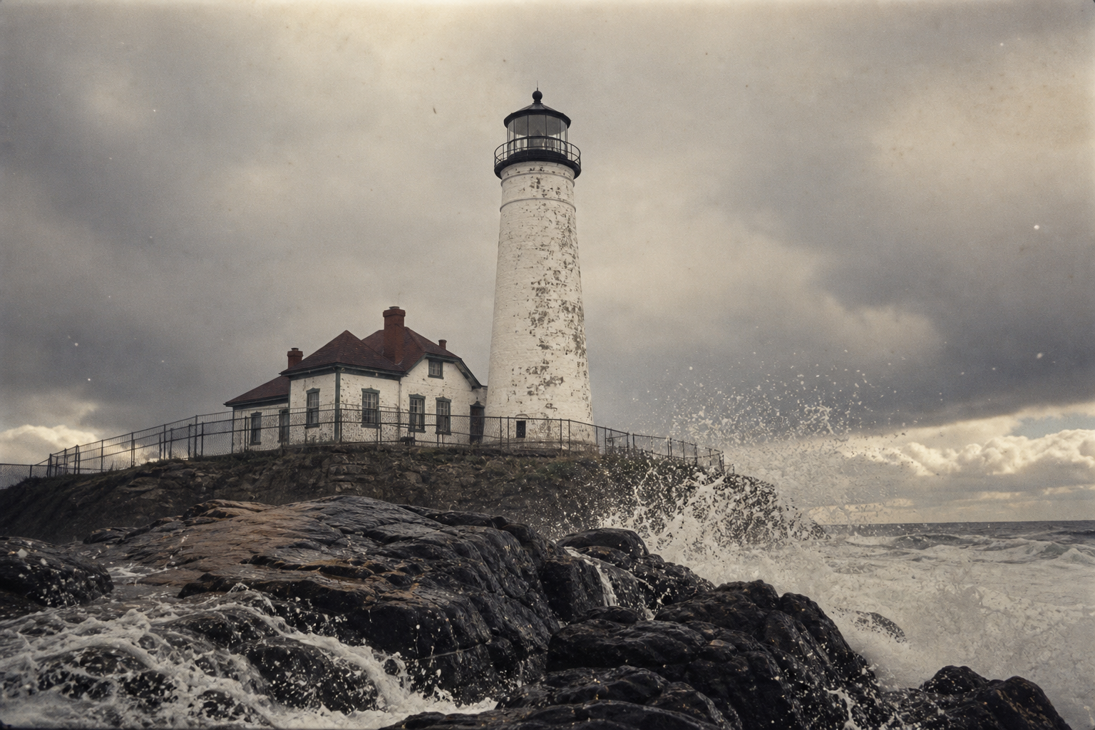 Large archival photograph of North Head lighthouse after a spring squall, viewed from dark rocks with sea spray in the foreground