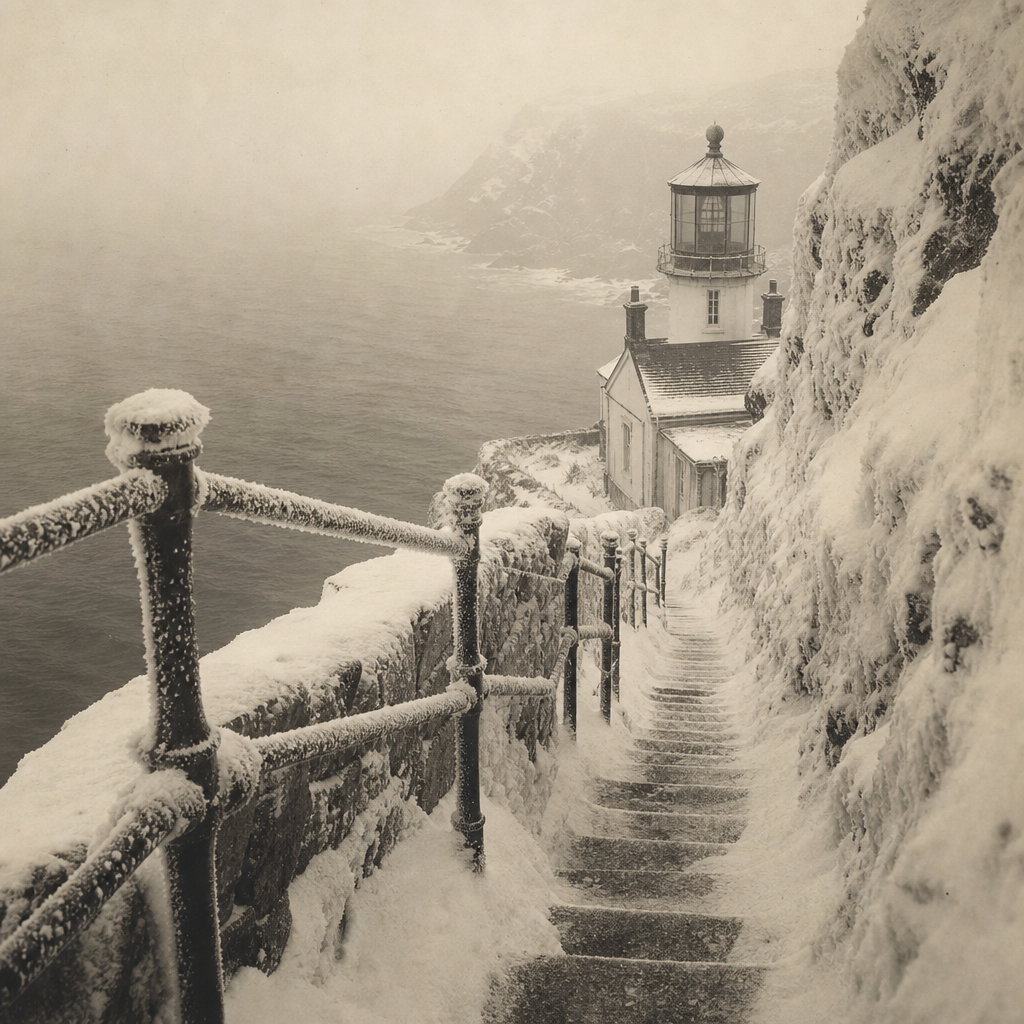 Winter archive photograph of lighthouse stone steps cut through snow drifts, with handrail and blowing frost along the cliff