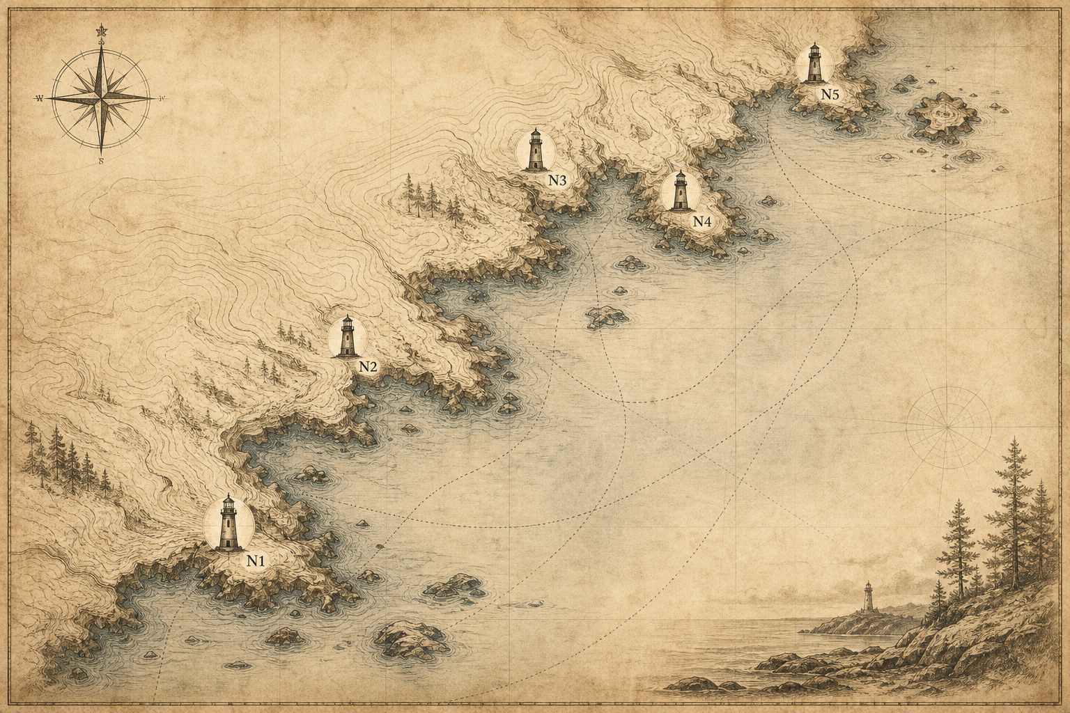 Illustrated northern coast reference map with shoreline contours, route lines, and lighthouse markers in an archival cartography style