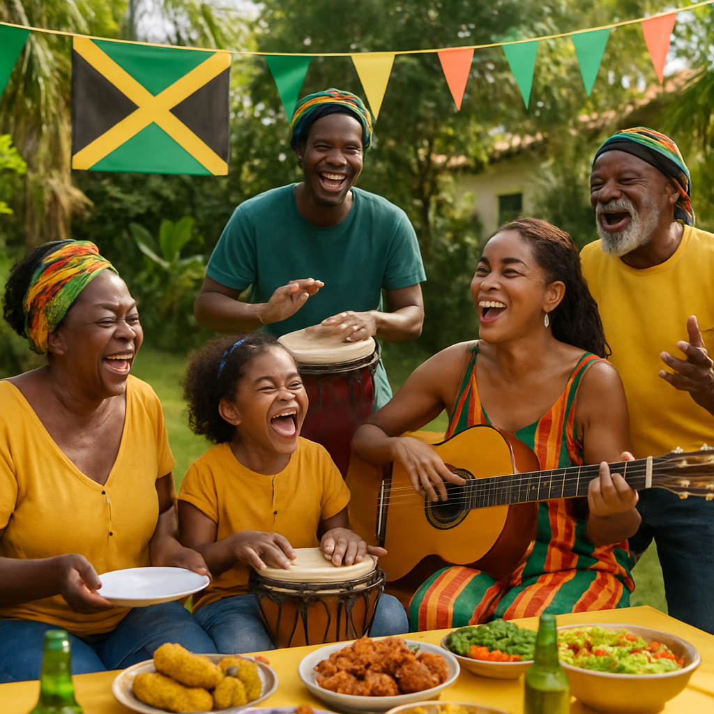 Multigenerational Jamaican family celebrating outdoors with music and food
