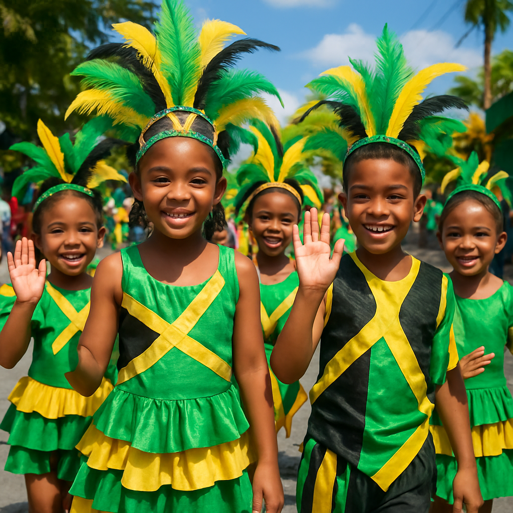 Children in vibrant costumes at a Jamaican parade, smiling and waving
