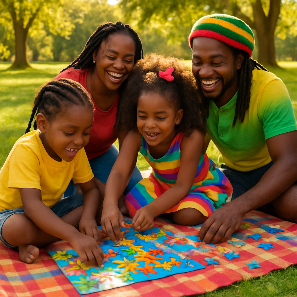 Kids enjoying a colorful puzzle game on a picnic blanket