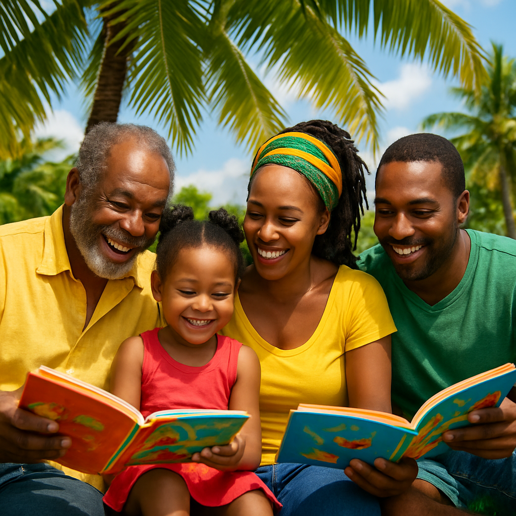 Family reading storybooks together under a palm tree