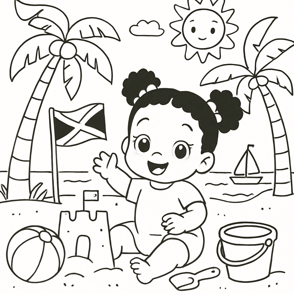 Line art outline preview of Baby Colouring Book page with playful Jamaican scene, suitable for coloring
