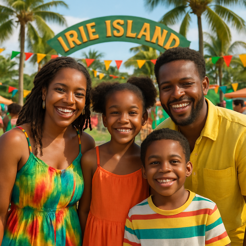 Family smiling together at Irie Island event