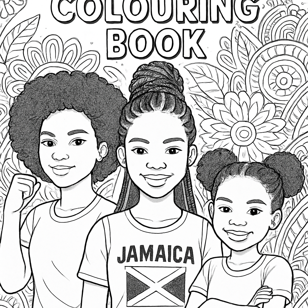 Preview of Girls Colouring Book with empowering Jamaican girls and patterns