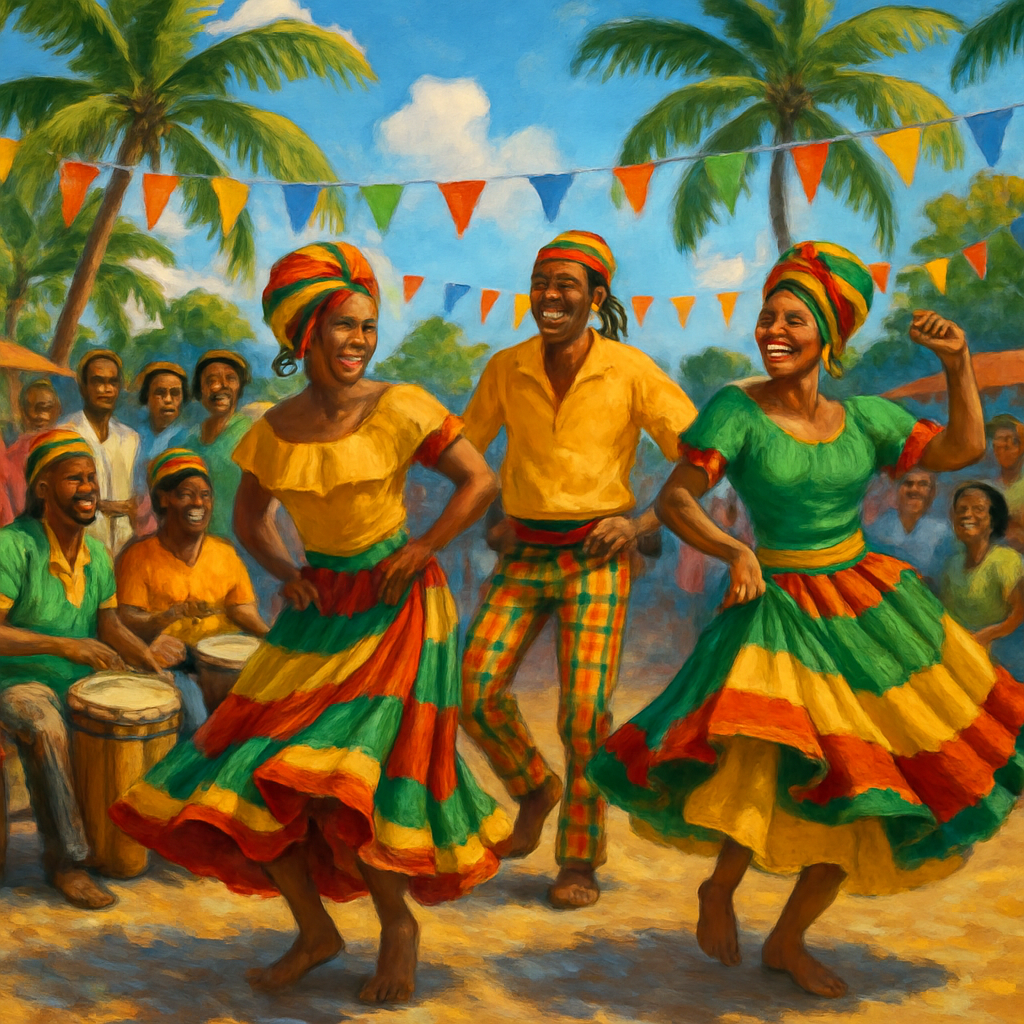 Community celebration with dancers, drums, and island scenery