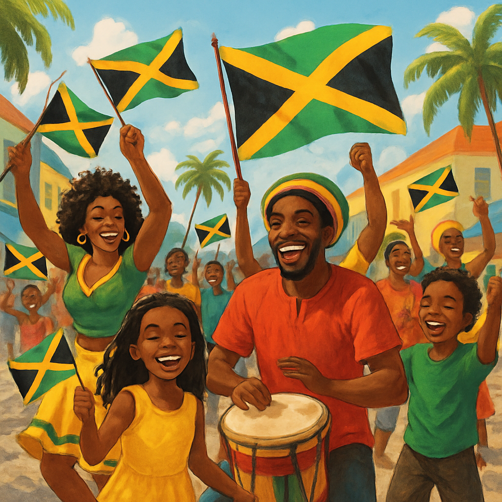 Jamaican family parade with flags and music
